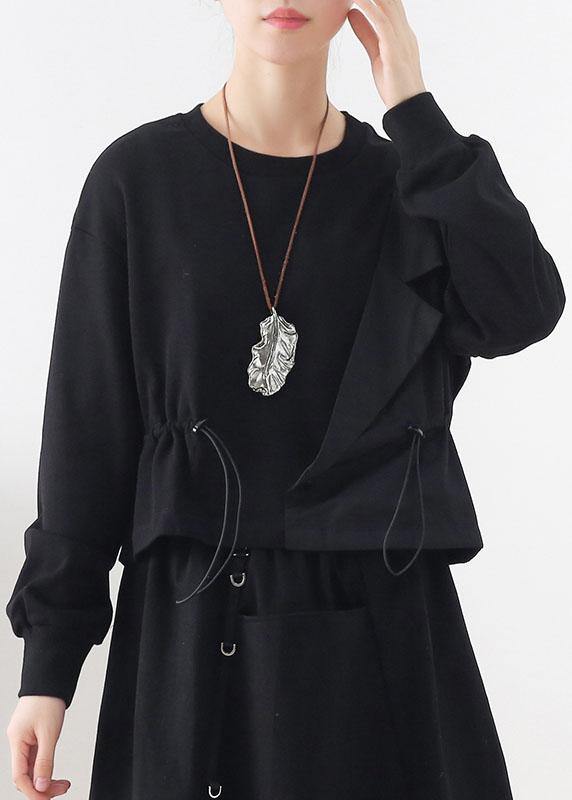 Black O-neck Asymmetrical Design Cinched Sweatshirt