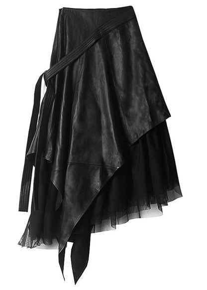 Simple Black Asymmetrical Patchwork Tulle Faux Leather Skirts Spring