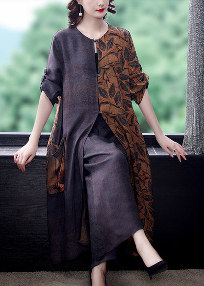 Colorblock Side Open Pocket Patchwork Cotton Tops and Pants Two Pieces Set Spring