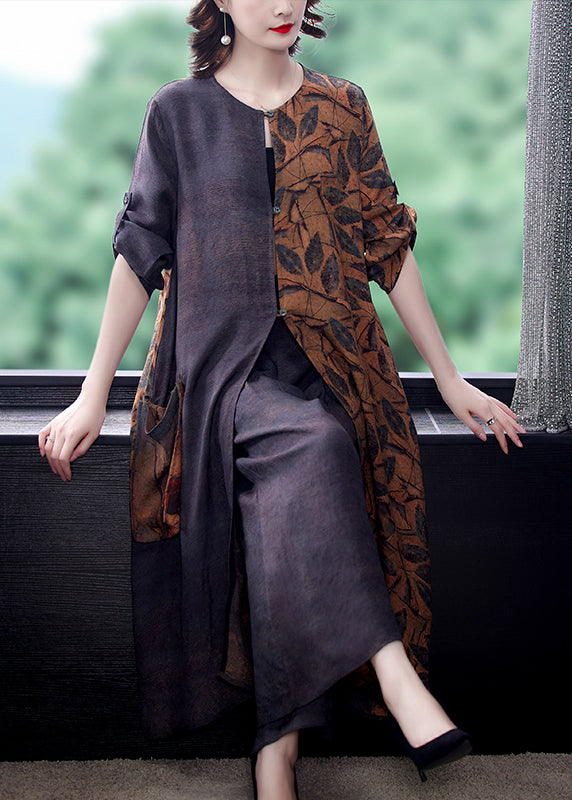 Colorblock Side Open Pocket Patchwork Cotton Tops and Pants Two Pieces Set Spring