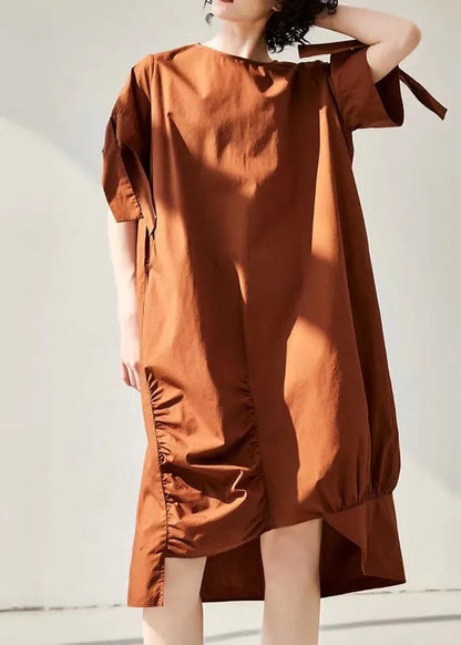 Caramel Asymmetrical Wrinkled Cotton Holiday Dress Short Sleeve