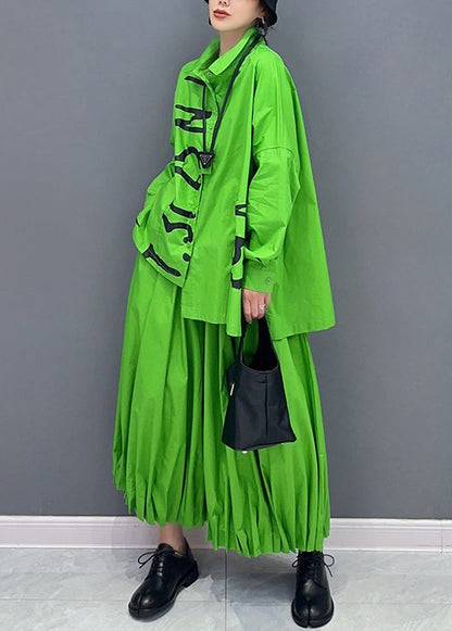 Stylish Green Asymmetrical Wrinkled Patchwork Cotton Two-piece Set Fall