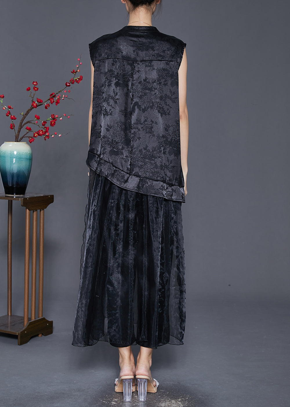 Black Asymmetrical Jacquard Silk Two Piece Set Fall