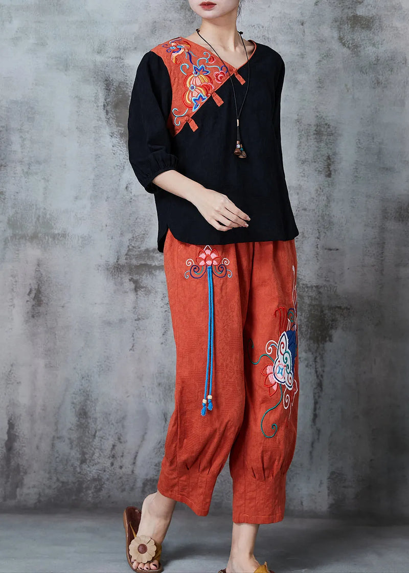 Black Embroidered Patchwork Linen Two Pieces Set Summer