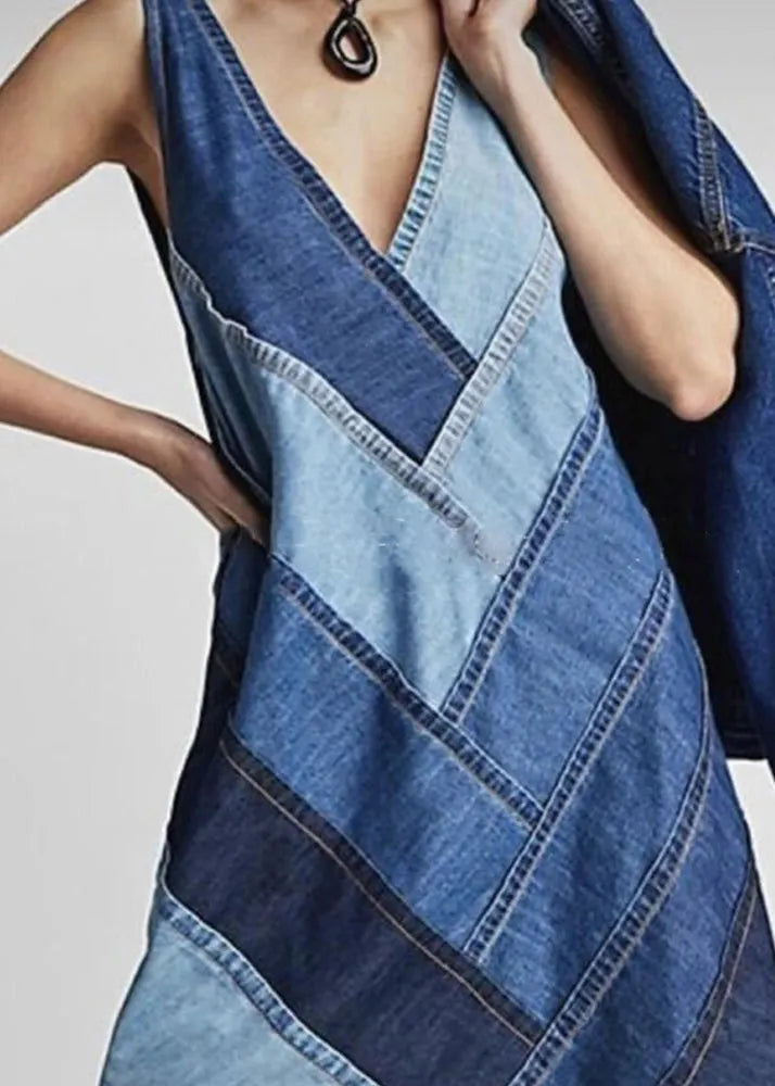 Blue V Neck Patchwork Denim Dress Sleeveless