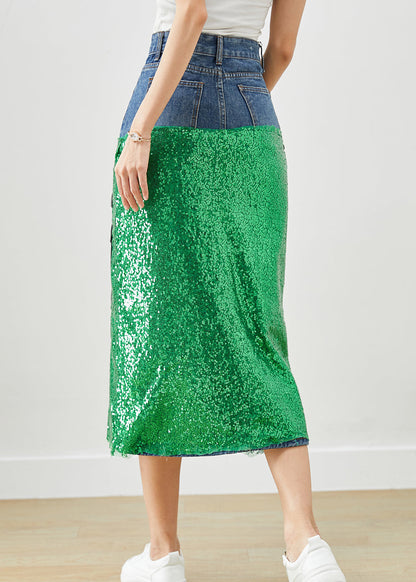 Diy Peacock Embroideried Patchwork Sequins Denim Skirt Fall