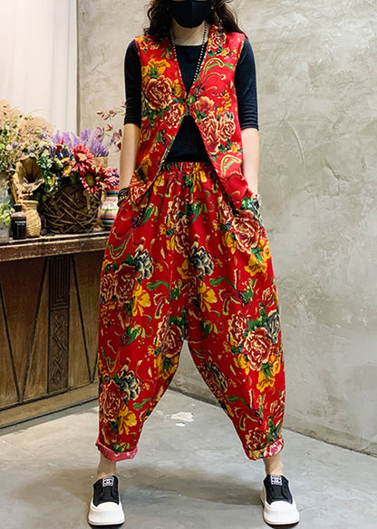 Red Print Elastic Waist Patchwork Cotton Two-piece Set Sleeveless