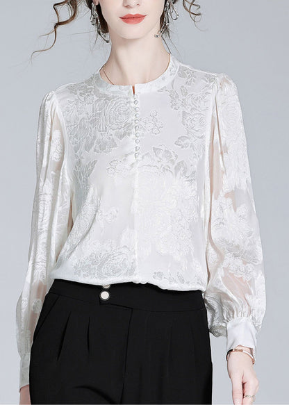 White O-neck Button Jacquard Slik Shirt Spring