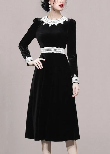 Slim Fit Black O-neck Lace Patchwork Velour Dress Fall