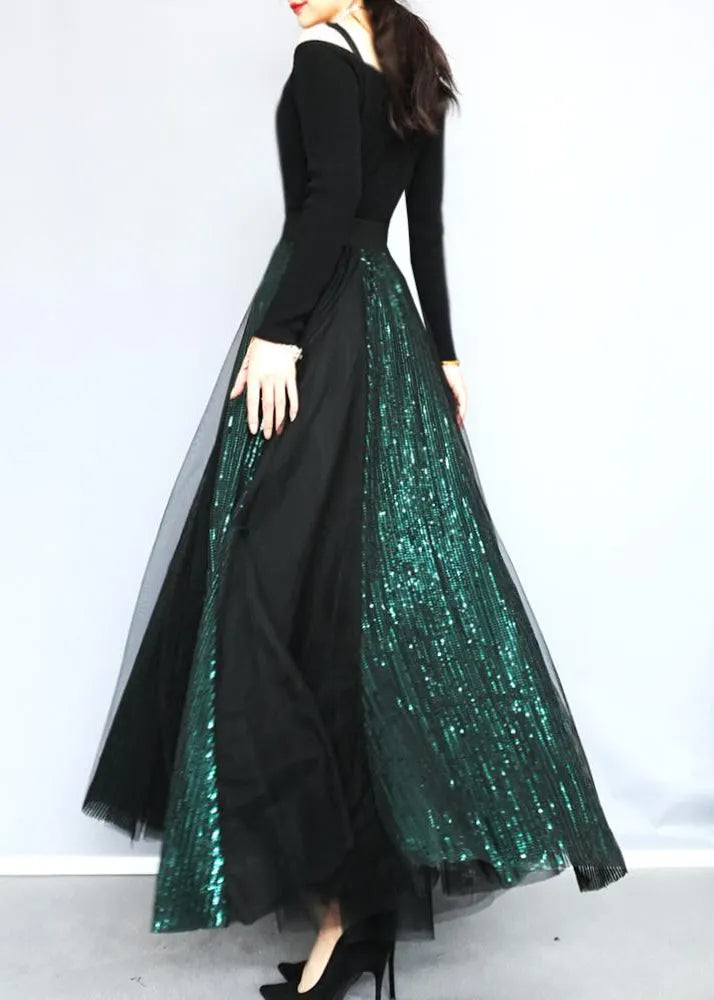 Blackish Green Sequins Patchwork Tulle Skirts Spring