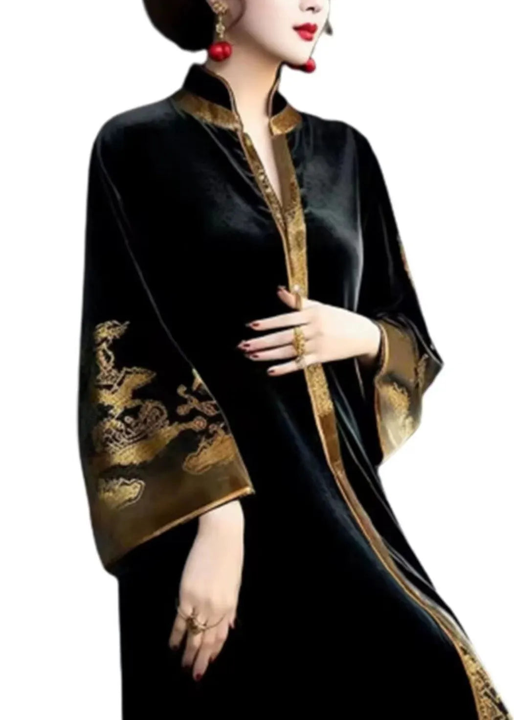 Black V Neck Print Patchwork Silk Velour Long Dresses Fall