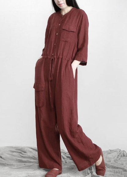 Burgundy Drawstring Half Sleeve Linen Body Suits Romper