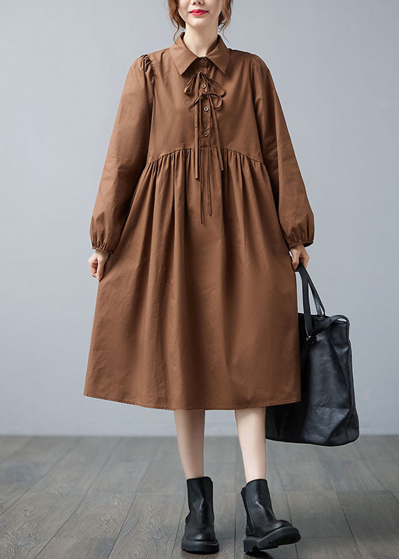 Caramel Peter Pan Collar Patchwork Button Fall Vacation Dresses Long Sleeve