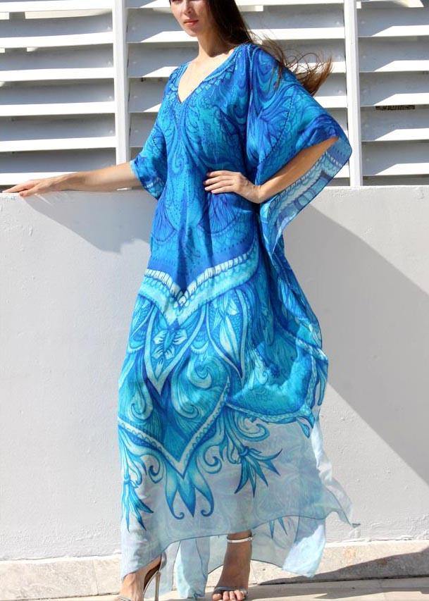 Blue Print Kimono Robe Maxi Dresses Cotton Dress