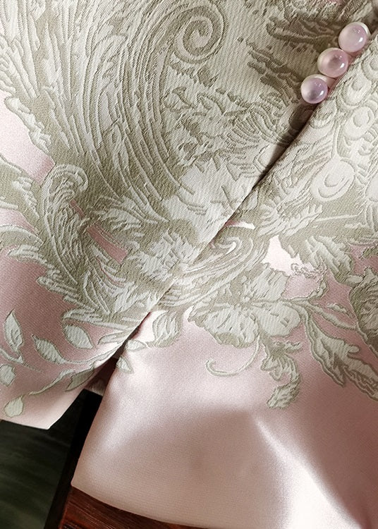 Pink Stand Collar Peacock Jacquard Silk Vest Sleeveless