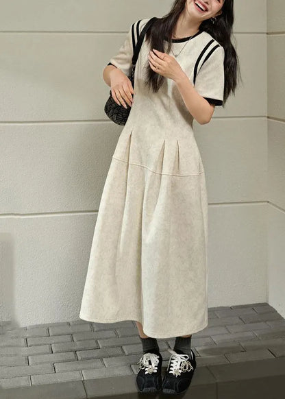 Brief Light Grey O-neck Wrinkled Patchwork Maxi Dresses Summer