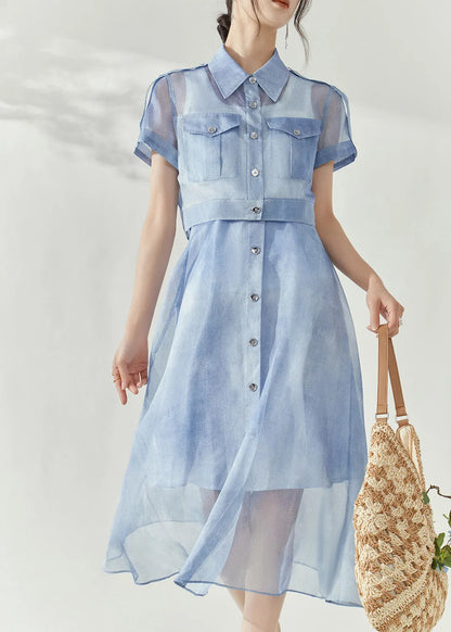 Stylish Blue Peter Pan Collar Button Tulle Shirts and Maxi Skirts Two Piece Set Summer