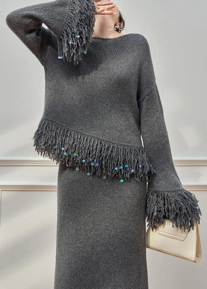 Loose Grey O Neck Tasseled Sweaters and Skirts Knit Two Pieces Set Flare Sleeve
