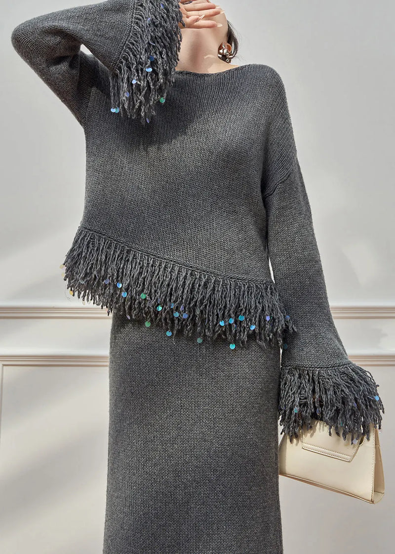 Loose Grey O Neck Tasseled Sweaters and Skirts Knit Two Pieces Set Flare Sleeve