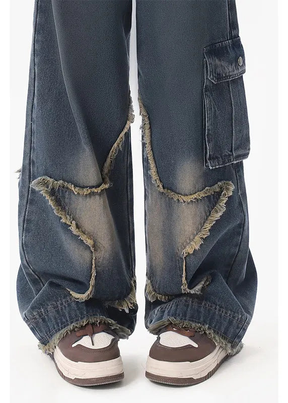 American Retro Design With Star Ruffled Denim Straight Pants Autumn
