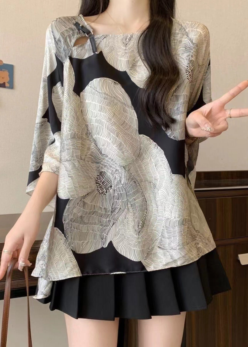 French O-neck Print Batwing Sleeve Shirt Top