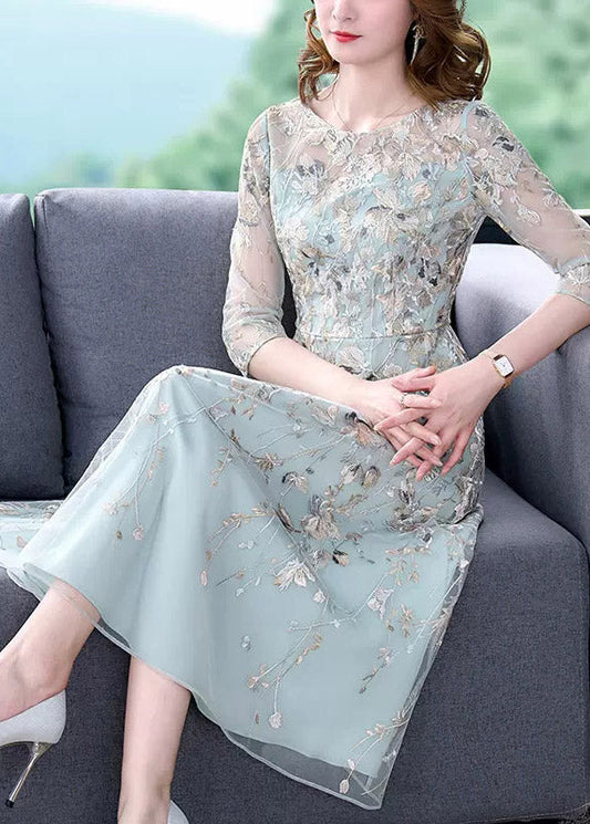 Water Blue O-neck Embroideried Tunic Organza Long Dress Half Sleeve