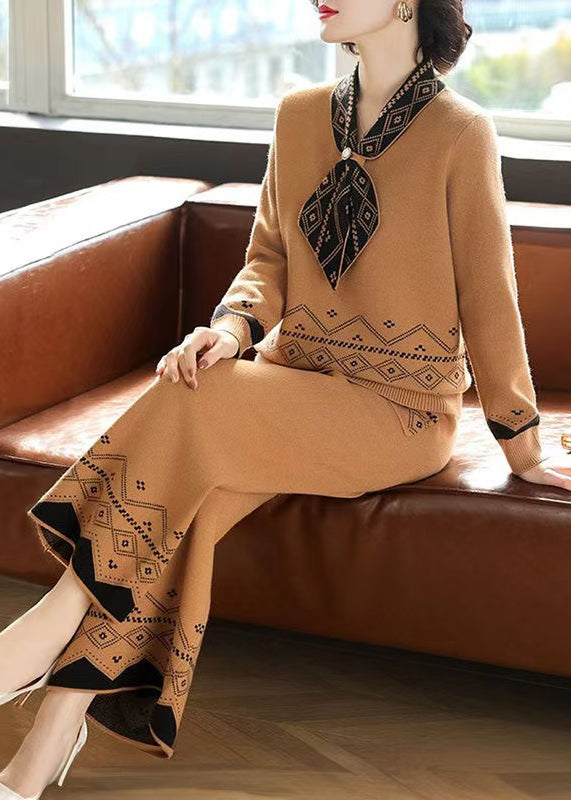 Classy Khaki Bow Woolen Two Piece Set Clothing Spring