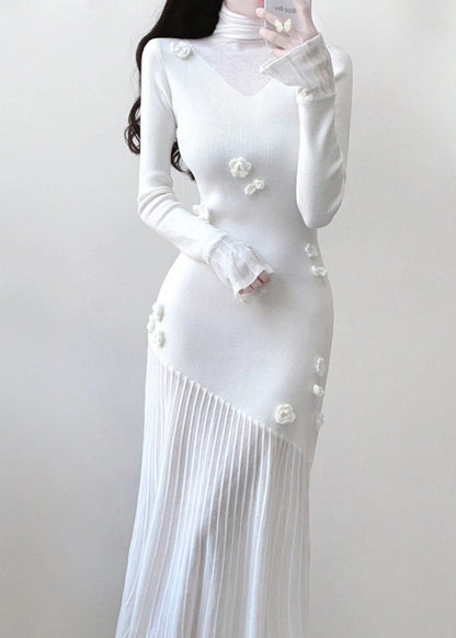 White Turtleneck Knit Patchwork Long Dresses Spring