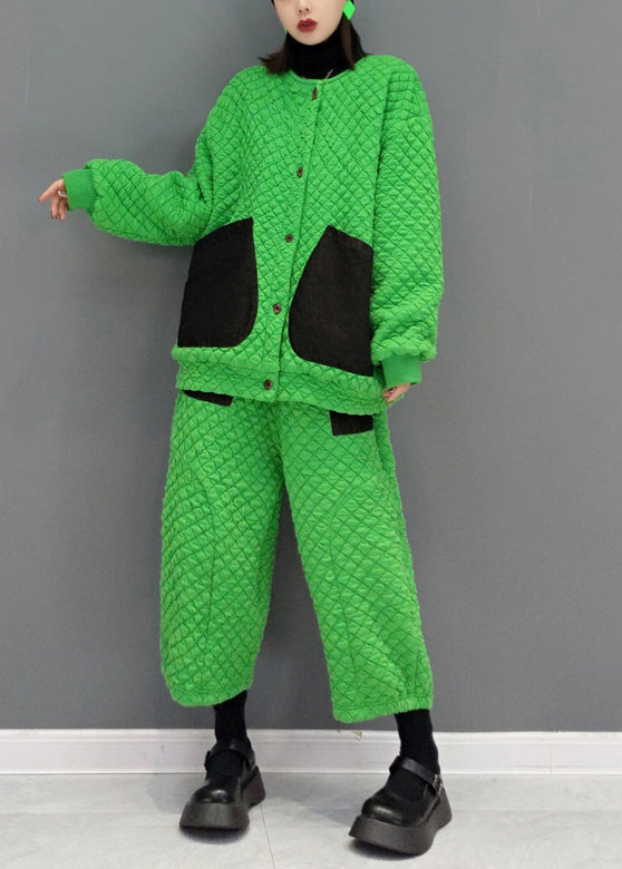 Green Pockets Patchwork Fine Cotton Filled Two Pieces Set Fall
