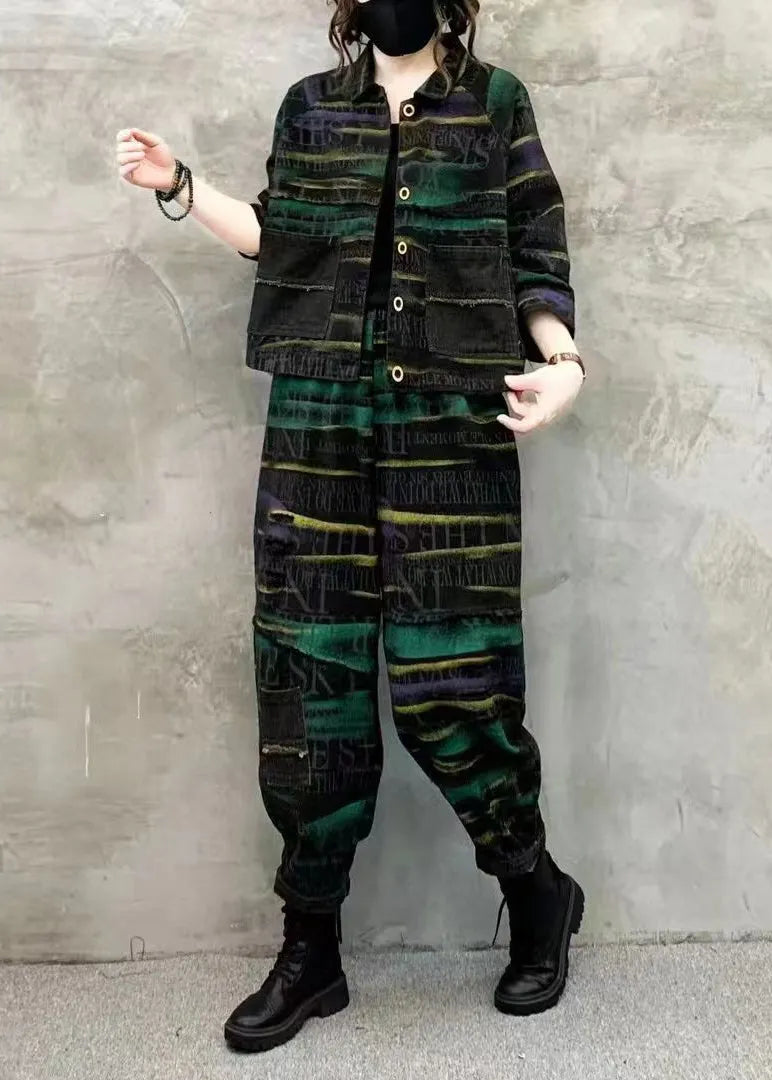 Green Print Tops and Pants Denim Two Piece Set Fall