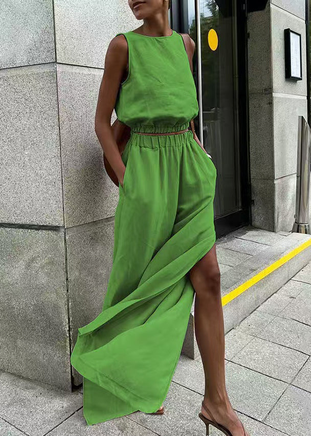 Pink Silm Fit Linen Vests and Side Open Straight Pants Two-piece Set Summer