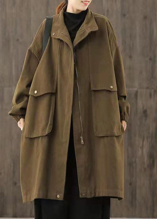 Handmade Chocolate Zippered Pockets Patchwork Fall Trench Coats