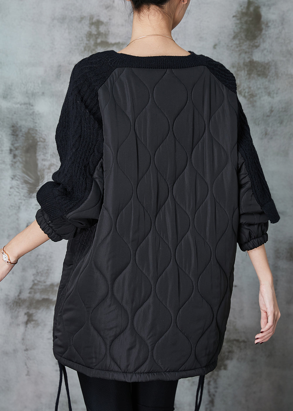 Black Cinched Patchwork Knit Sweatshirts Top Spring