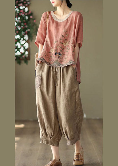 Loose Pink O-neck Embroideried Linen Tanks Short Sleeve