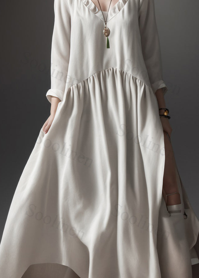Beige V Neck Wrinkled Patchwork Silk Maxi Dress Summer