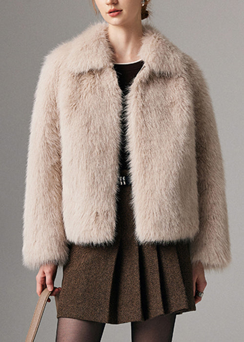 Beige Zippered Pockets Leather and Fur Winter Coat Peter Pan Collar
