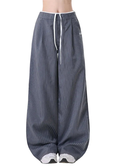 French Grey Oversized Striped Cotton Wide Leg Pants Spring