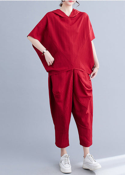Mulberry Hooded Patchwork Two Piece Set Batwing Sleeve