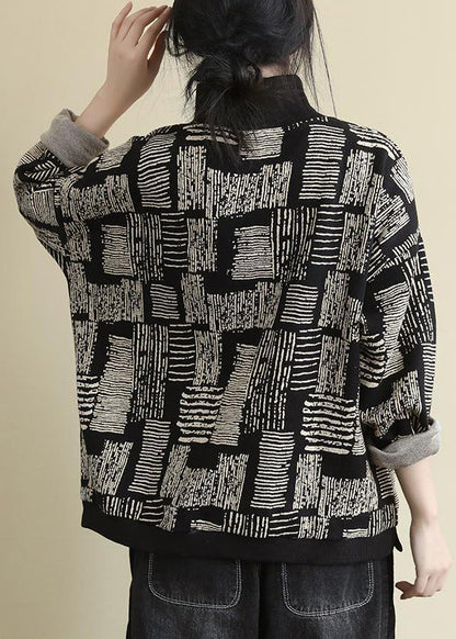 Black Turtleneck Print Patchwork Warm Fleece Tops Long Sleeve
