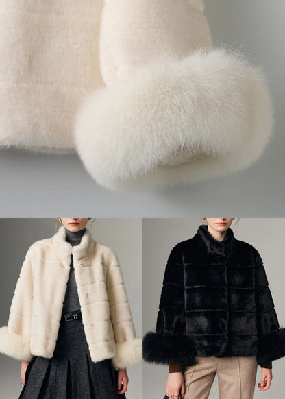 Black Warm Fox Fur Patchwork Mink Velvet Coats Stand Collar Winter