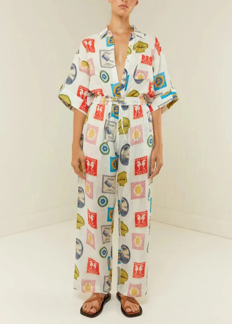 Peter Pan Collar Print Tops and Pants Two Piece Set Outfits Summer