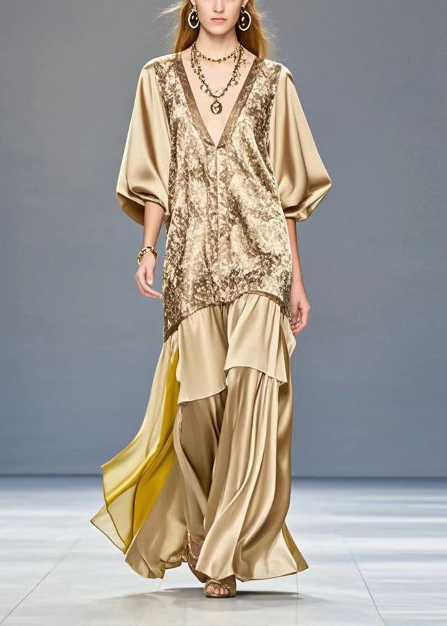 Golden V Neck Patchwork Print Silk Dress Summer