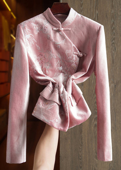 Pink Stand Collar Embroideried Sequins Patchwork Cotton Coat Fall