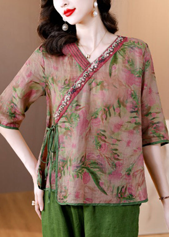 Green V Neck Print Lace Up Linen Tops Half Sleeve