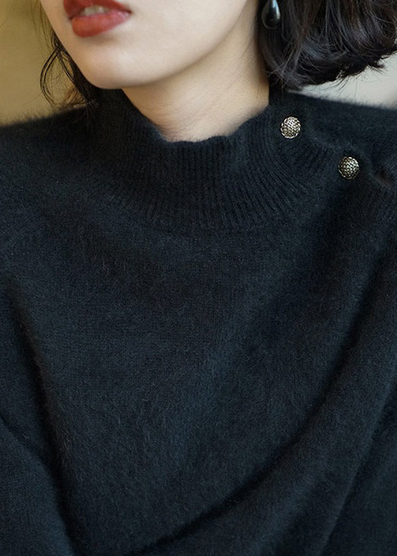 Simple Black O-neck Button Knit Sweaters Long Sleeve