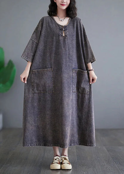 Deep Purple O Neck Pockets Denim Long Dress Bracelet Sleeve