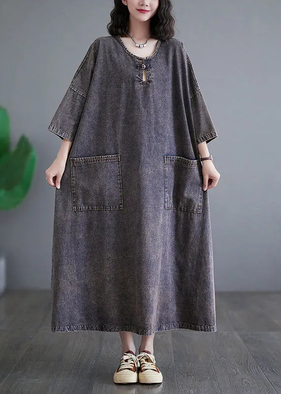 Deep Purple O Neck Pockets Denim Long Dress Bracelet Sleeve