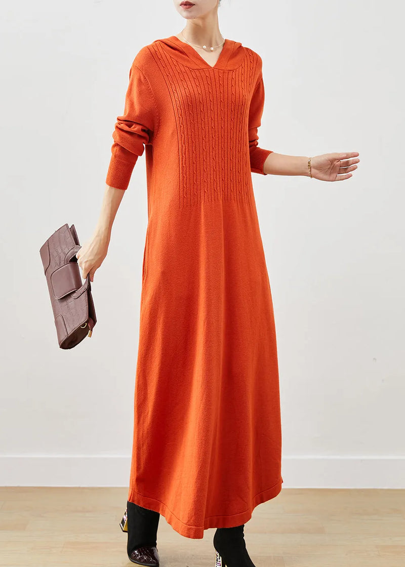 Orange Silm Fit Knit Ankle Dress Hooded Spring