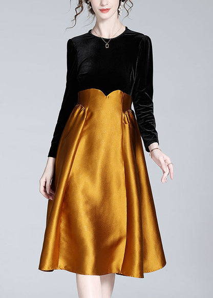 Black Patchwork Orange Velour Long Dress Spring