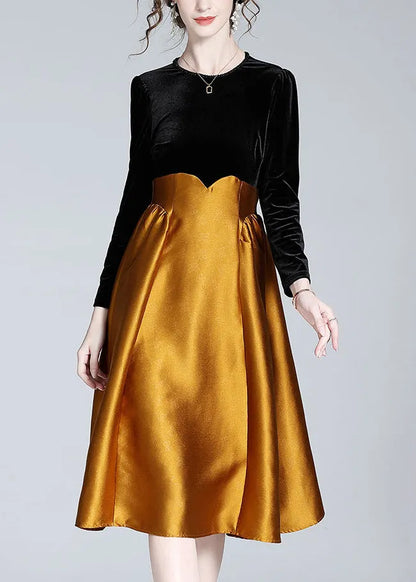Black Patchwork Orange Velour Long Dress Spring
